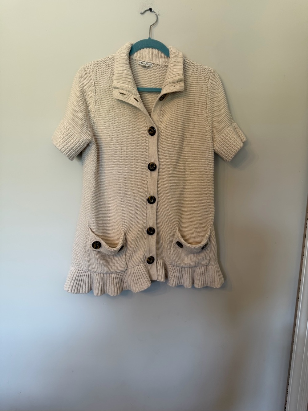 Cotton blend cable knit button up ruffle hem sweater size XL